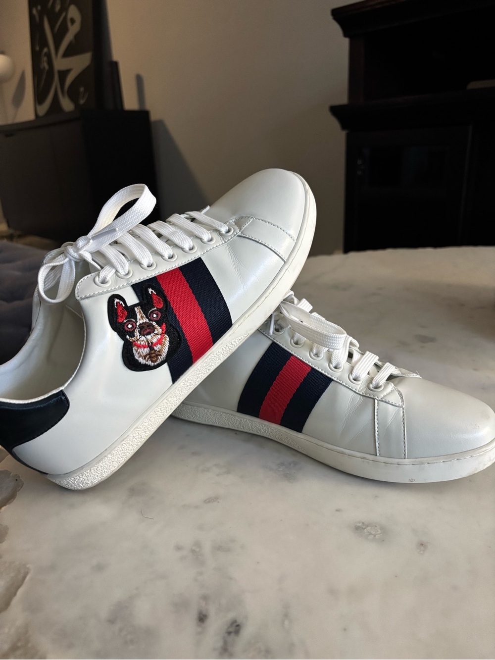 Gucci White Leather Sneakers with Red & Navy Stripe and Embroidered Dog